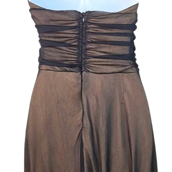 Connected Halter Maxi Chiffon Black Overlay Brown Formal Dress Size 12 Ruched - Picture 4 of 5